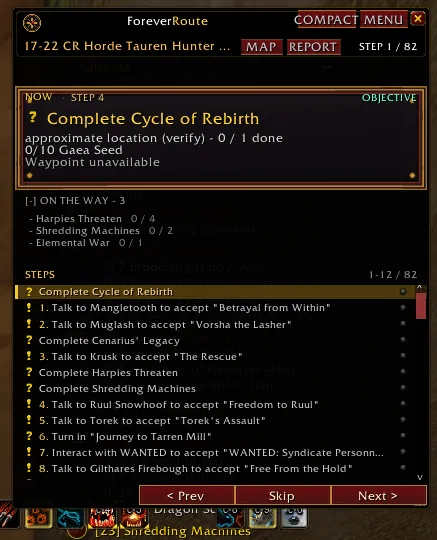 Actual ForeverRoute addon window in World of Warcraft Forever