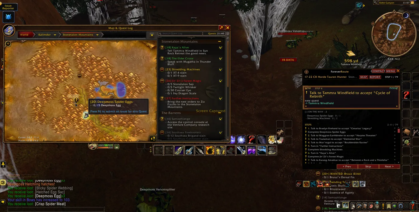 World map, quest tracker and ForeverRoute navigation visible in the game
