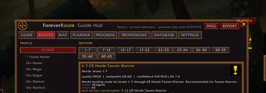 Actual ForeverRoute in-game Guide Hub with routes by character and level